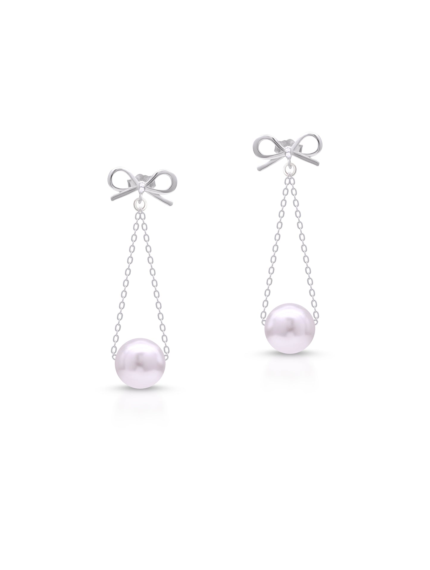 Bow Chain Pearl Drop Earrings – Elegant Silver Pearl Dangler for Women