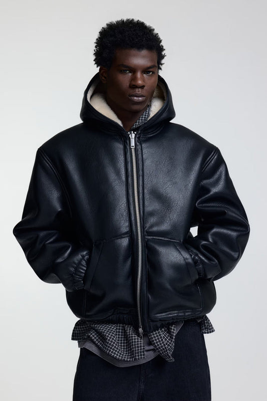 Black Hooded Faux Leather Jacket – Shearling Lined Zip Hoodie Jacket