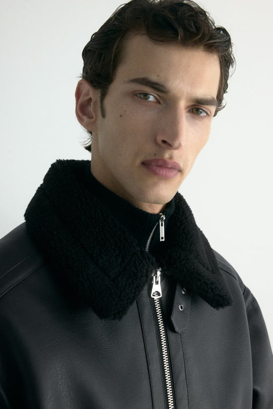 Black Shearling Leather Jacket – Faux Leather Aviator Bomber Jacket