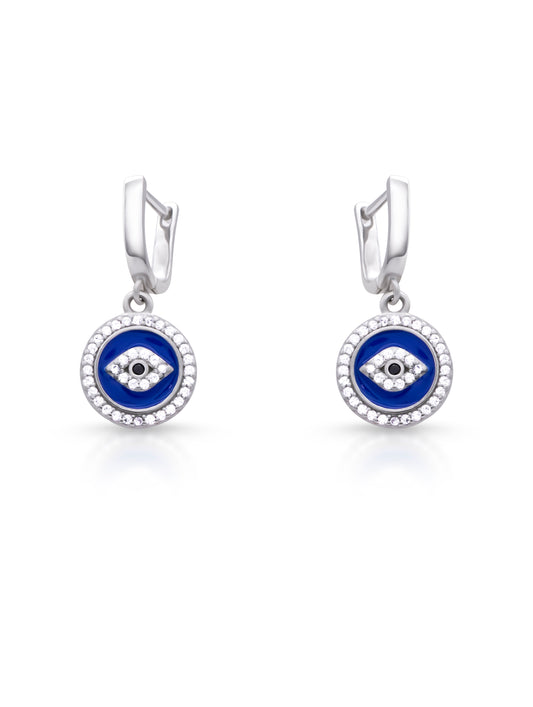 Evil Eye Silver Dangle Earrings – Blue Enamel Protection Charm Earrings for Women