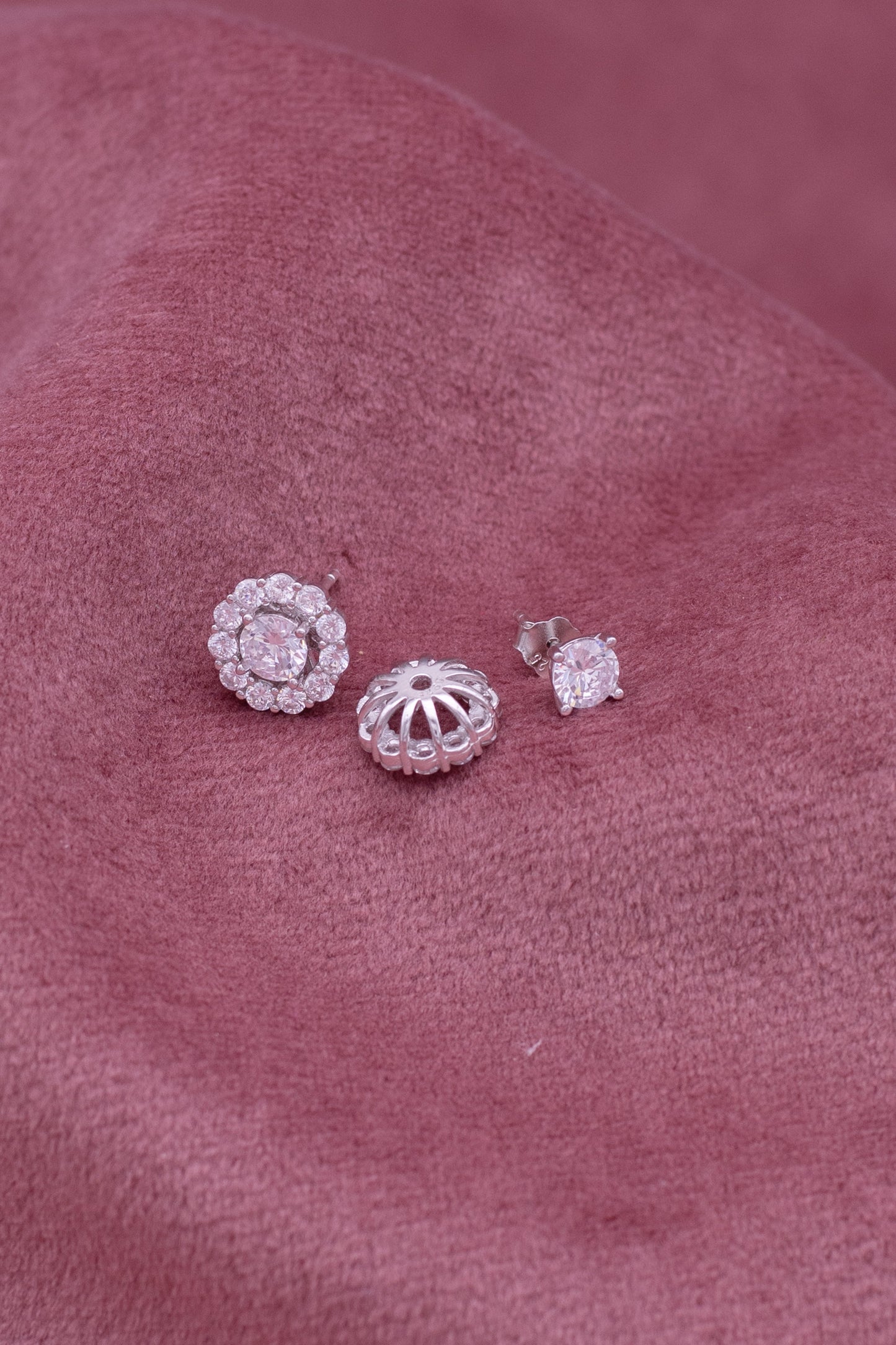 3 Pair CZ Diamond Stud Earrings Set – Silver Crystal Studs for Women