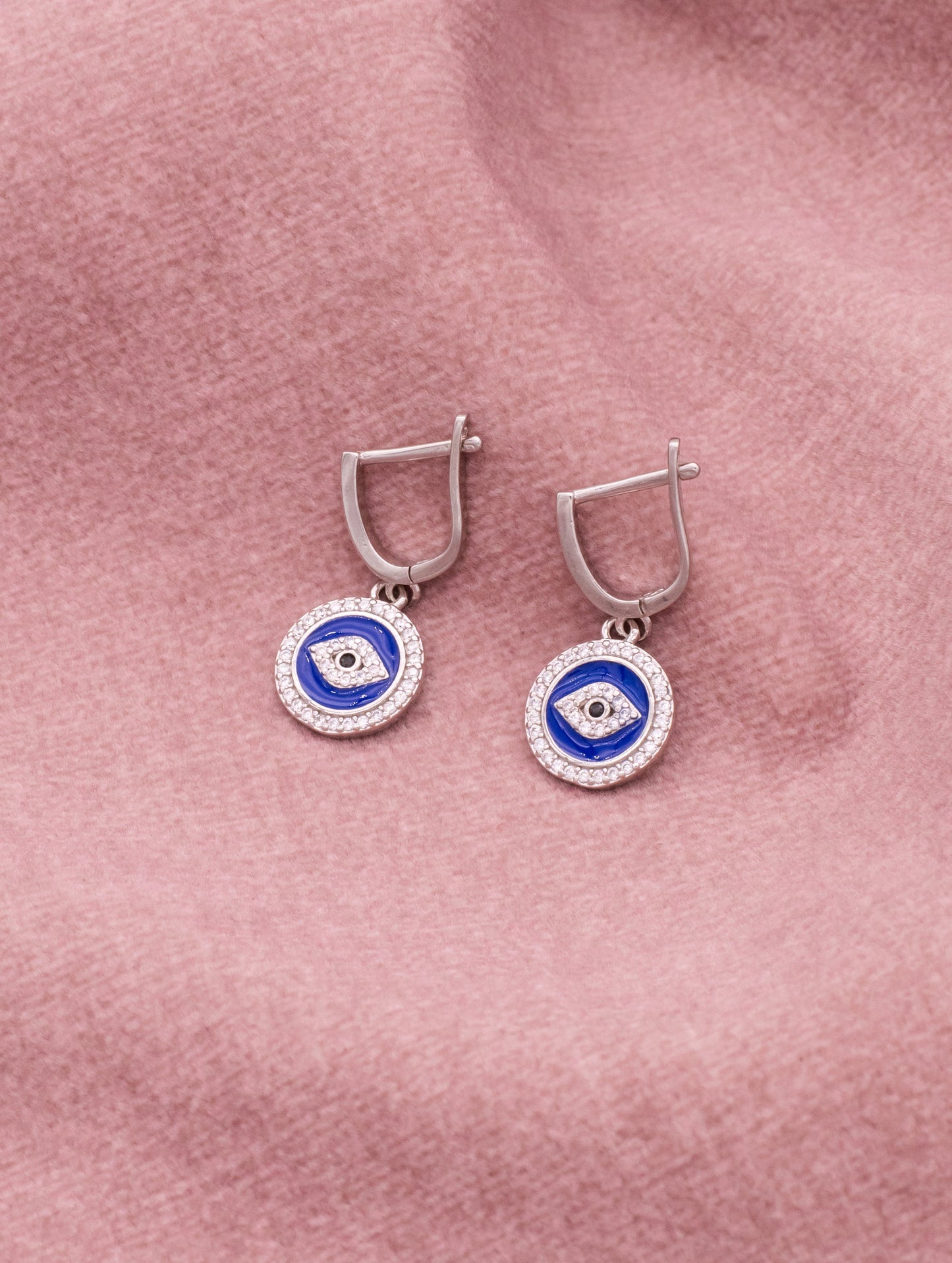 Evil Eye Silver Dangle Earrings – Blue Enamel Protection Charm Earrings for Women