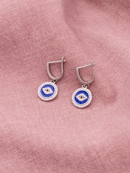 Evil Eye Silver Dangle Earrings – Blue Enamel Protection Charm Earrings for Women