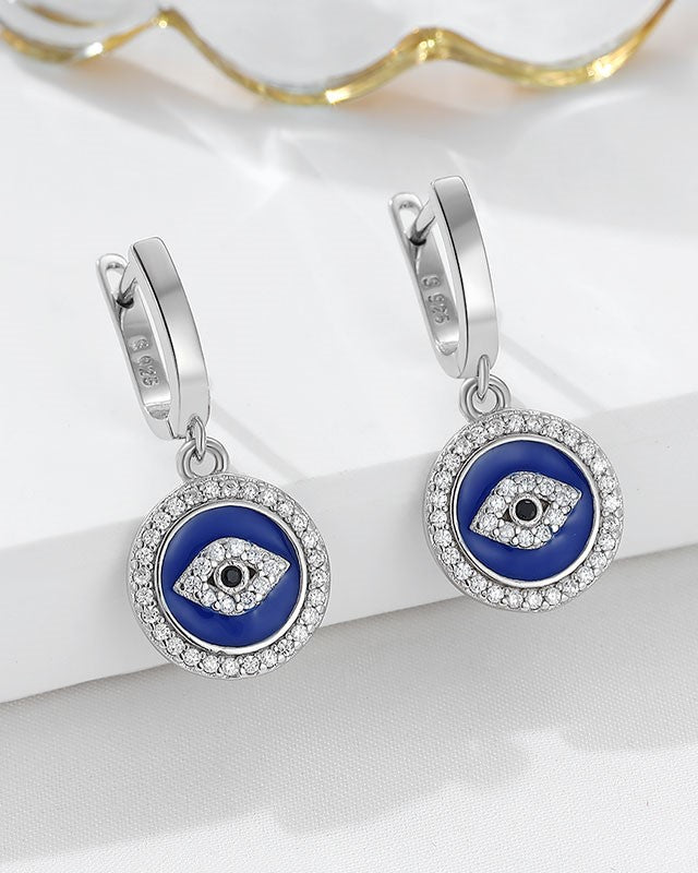 Evil Eye Silver Dangle Earrings – Blue Enamel Protection Charm Earrings for Women