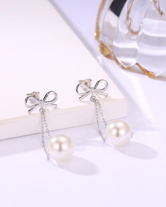 Bow Chain Pearl Drop Earrings – Elegant Silver Pearl Dangler for Women