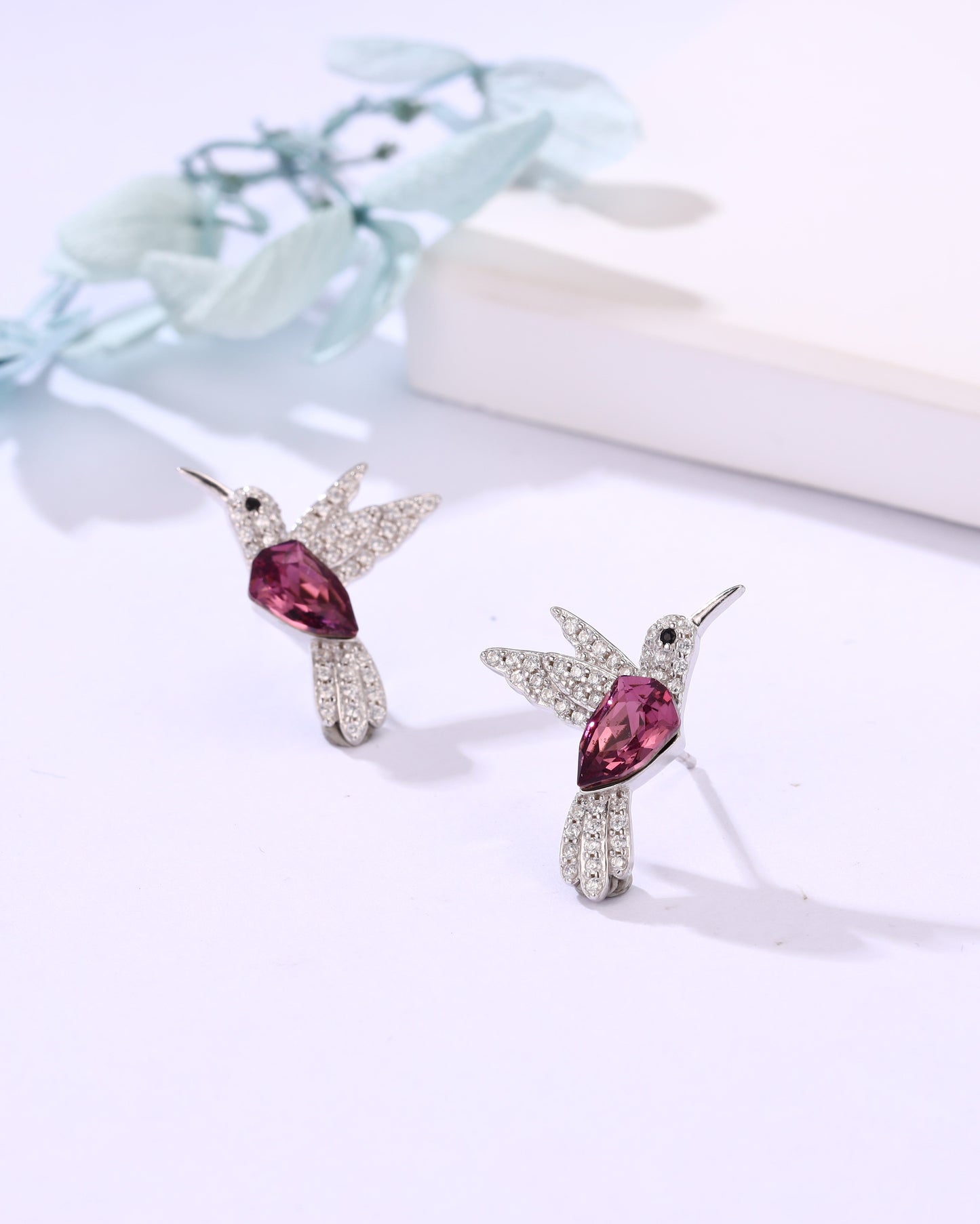 Hummingbird Crystal Stud Earrings – Pink Stone Bird Earrings for Women