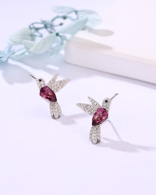 Hummingbird Crystal Stud Earrings – Pink Stone Bird Earrings for Women