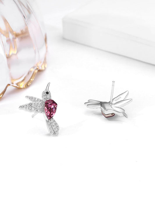 Hummingbird Crystal Stud Earrings – Pink Stone Bird Earrings for Women