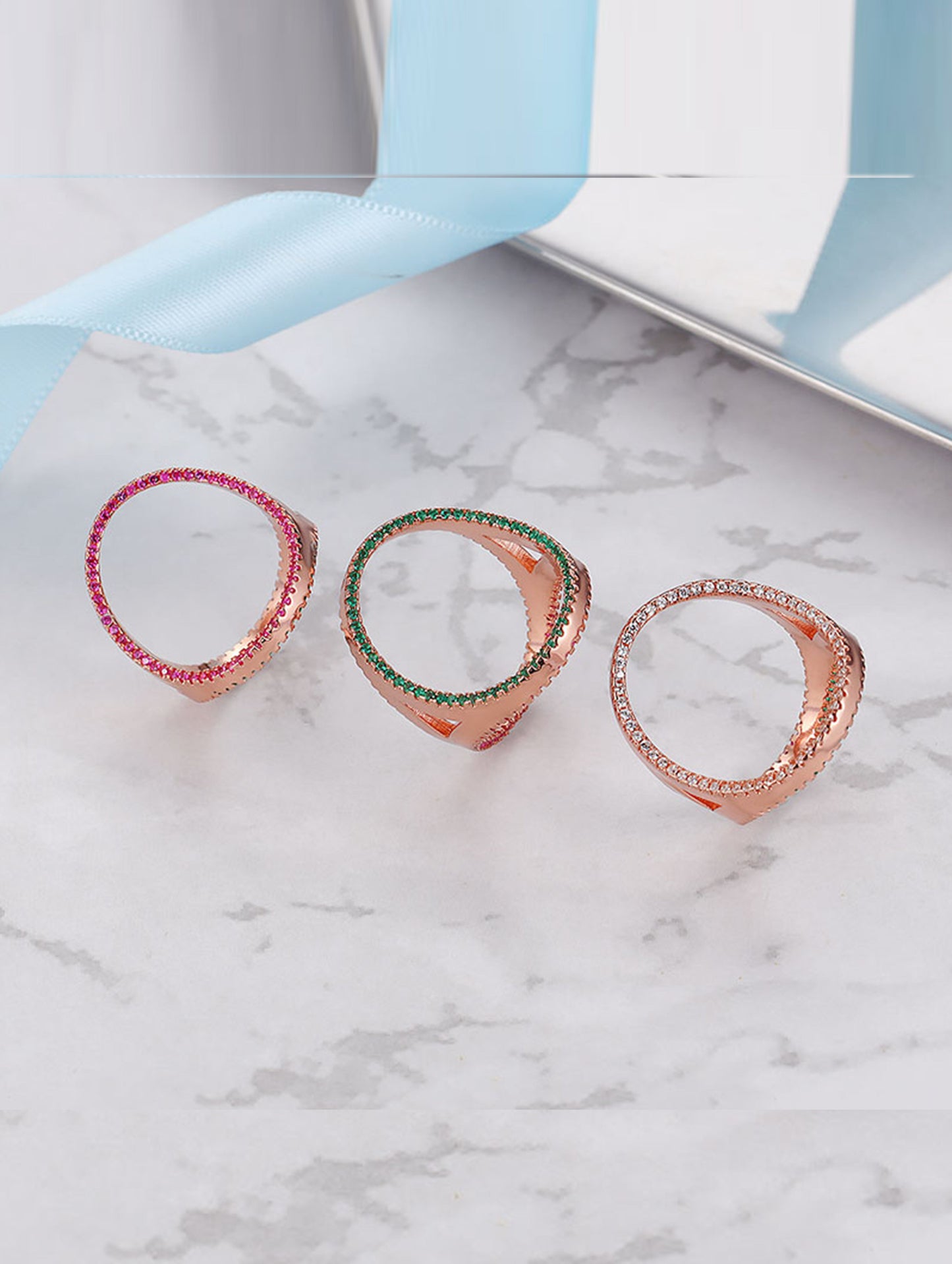 Rose Gold Pink Crystal Halo Statement Ring – Double Band Geometric Fashion Jewelry