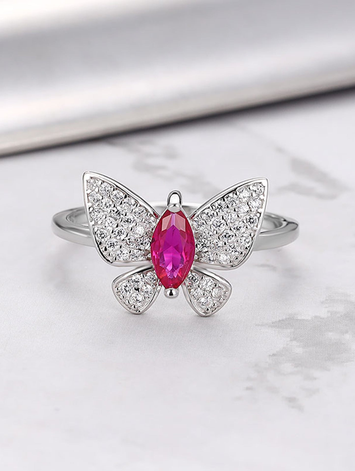 Elegant Butterfly Ring – 925 Silver | Pink Ruby Stone | Premium CZ Diamond Butterfly Ring for Women & Girls