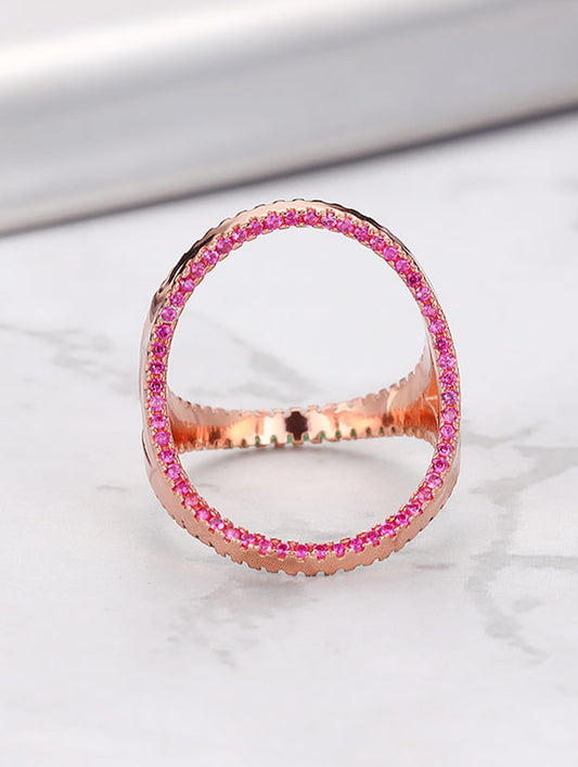 Rose Gold Pink Crystal Halo Statement Ring – Double Band Geometric Fashion Jewelry